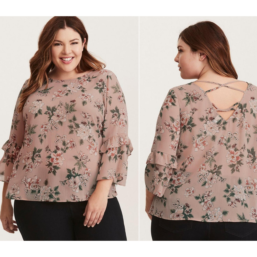 Torrid | Blush Pink Floral Print Chiffon Ruffle Bell Sleeve Strappy Back Blouse